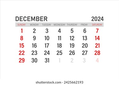 Kalendervorlage Dezember 2024. Dezember 2024 Layout. Druckbarer Monatsplaner. Design des Tischkalenders. Beginn der Woche am Sonntag