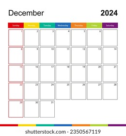 December 2024 colorful wall calendar, week starts on Sunday. 2024 Calendar template.