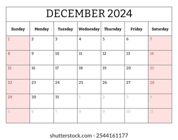 December 2024 ENGLISH month calendar. Vector printable illustration. Monthly planning for your business events