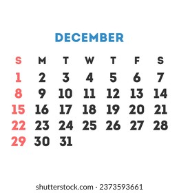 December 2024 month calendar. Vector illustration.