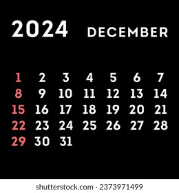 December 2024 month calendar. Vector illustration.