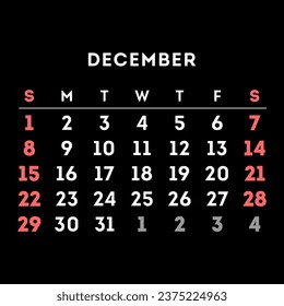 December 2024 month calendar. Vector illustration.