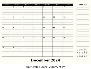 Calendario mensual de almohadillas de escritorio de diciembre de 2024. Planificador de calendario de diciembre de 2024 con lista de tareas pendientes y lugar para notas en blanco y negro.