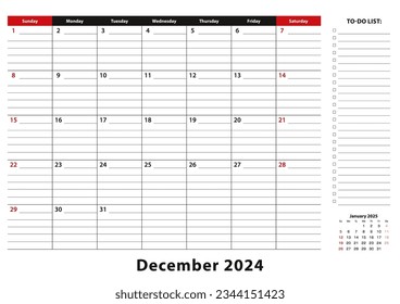 December 2024 Monthly Desk Pad Calendar week starts from sunday, size A3. December 2024 calendar planner with to-do list and place for notes.