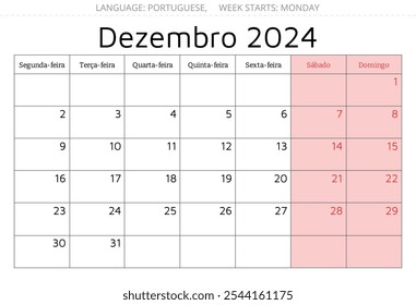 December 2024 portuguese calendar - Dezembro. Vector illustration. Monthly planning for your business in Portugal
