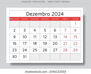 December 2024 portuguese calendar (Dezembro). Vector illustration. Monthly planning for your business in Portugal