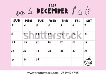 December 2024. Template calendar list. Monthly planner. Illustration on pink background.