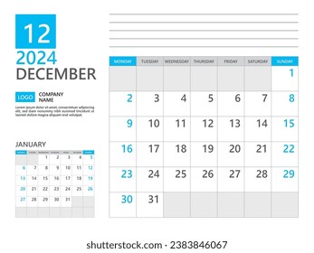December 2024 template, Calendar planner 2024, week start on Monday, Desk calendar 2024 year, simple planner and clean design, Wall calendar design, Corporate planner template, Business template