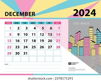 Plantilla de diciembre de 2024 - Diseño de calendario 2024 año, Calendario de escritorio 2024 año, Planificador, Semana comienza el domingo, Diseño de calendario de pared, Diseño de galería, vectores vintage de fondo eps10