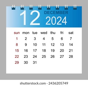 December 2024. Vector monthly calendar template 2024 year in simple style for template design. Week starts from Sunday.