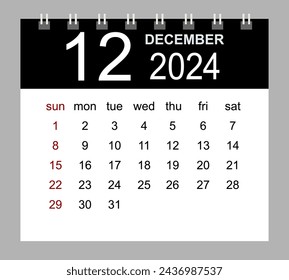 December 2024. Vector monthly calendar template 2024 year in simple style for template design. Week starts from Sunday.