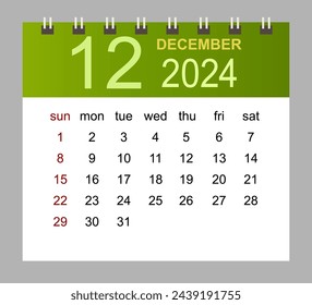 December 2024. Vector monthly calendar template 2024 year in simple style for template design. Week starts from Sunday.