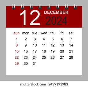 December 2024. Vector monthly calendar template 2024 year in simple style for template design. Week starts from Sunday.