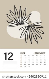 December 2024 wall calendar in soft beige color theme with botanical art, weeks start on Monday, vector illustration design