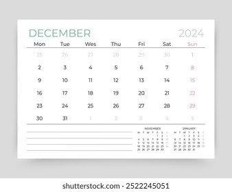 December 2024 year calendar. Planner calender template. Desk monthly organizer. Week starts Monday. Timetable grid. Table schedule layout. Corporate diary. Vector simple illustration. Paper size A5