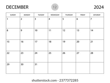 December 2024 year planner template, calendar 2024 template, monthly and yearly planners. organizer diary. week start Sunday, corporate planner template, Desk calendar 2024 year, Vector illustration