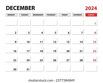 December 2024 year planner template, calendar 2024 template, monthly and yearly planners. organizer diary. week start monday, corporate planner template, Desk calendar 2024, Horizontal layout, vector