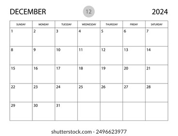 December 2024 year planner template, calendar 2024 template, monthly and yearly planners. organizer diary. week start Sunday, corporate planner template, Desk calendar 2024 year, Vector illustration