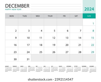 December 2024-Calendar 2024 template vector on green background, week start on monday, Desk calendar 2024 year, Wall calendar design, corporate planner template, Stationery, organizer diary, vector