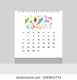 December 2025 Calendar. Date month of December 2025. Page of annual monthly calendar December 2025.