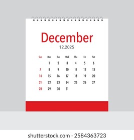December 2025 Calendar. Date month of December  2025. Page of annual monthly calendar December  2025.