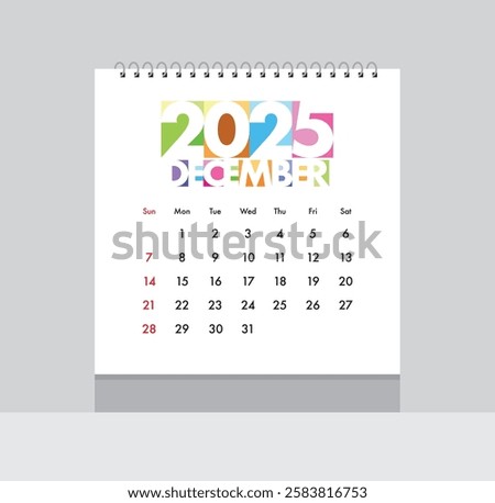 December 2025 Calendar. Date month of December 2025. Page of annual monthly calendar December 2025.