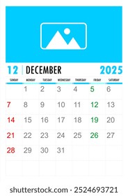 Dezembro 2025 design de calendário, Imprimível Calendário Mensal 2025 design de modelo com fonte grande