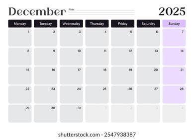 December 2025 calendar desk planner, week starts on Monday, minimal design with blank lines, vector illustration 