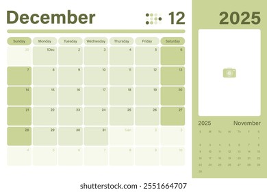 December 2025 calendar desk planner light green color modern design with space for your picture, weeks start on Sunday, vector illustration