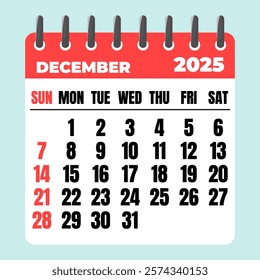 December 2025 Calendar. Desk Calendar 2025, Template Minimalist Calendar with Flat Design