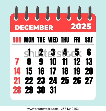 December 2025 Calendar. Desk Calendar 2025, Template Minimalist Calendar with Flat Design