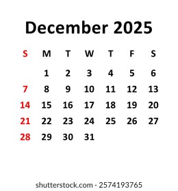 december 2025. Calendar with holydays or red dates. monthly calendar design with week starts on sunday. printable, simple, and clean vector design isolated on white background.