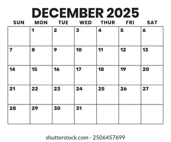 Calendario de diciembre de 2025. Grandes letras y números en negrita. La semana comienza el domingo. Plantilla de calendario en blanco. Se ajusta a la página Tamaño de letra. Diseño de Papelería.