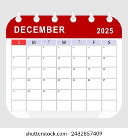 December 2025 calendar. Monthly planner template. Sunday start. Vector design