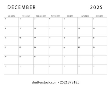 December 2025 calendar. Monthly planner template. Monday start. Vector design