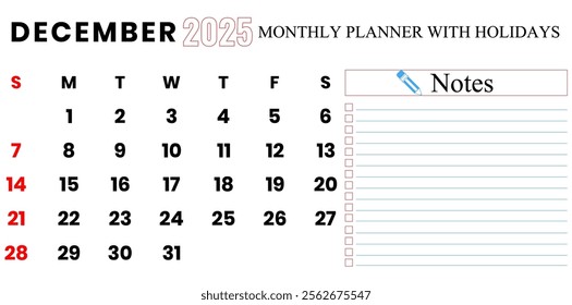 December 2025 Calendar, Monthly Planner With Holidays Vector Illustration.	