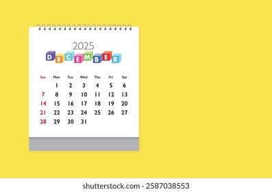 December 2025 Calendar on color background. Date month of December 2025. Page of annual monthly calendar December  2025.