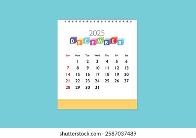 December 2025 Calendar on green color background. Date month of December 2025. Page of annual monthly calendar December  2025.