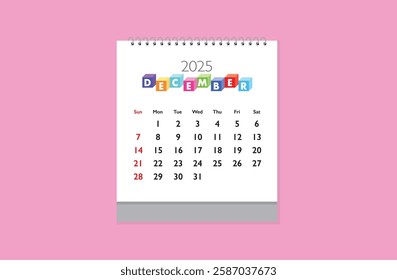December 2025 Calendar on pink color background. Date month of December 2025. Page of annual monthly calendar December  2025.