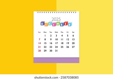 December 2025 Calendar on yellow color background. Date month of December 2025. Page of annual monthly calendar December  2025.
