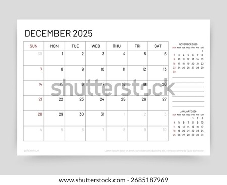 December 2025 calendar. Planner calender template. Week starts Sunday. Desk monthly organizer. Timetable grid. Table schedule layout. Vector simple illustration. Paper size A5. Corporate diary.
