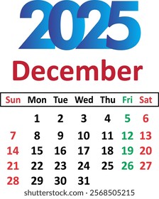 December 2025 Calendar Planner Template Pages Monthly, Vector layout of a wall or desk calendar with week start Monday for printing. Simple design with big letters, typographic elements. Year 2025.