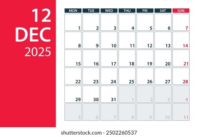 Calendario de diciembre de 2025 - Vector. Plantilla Mock up