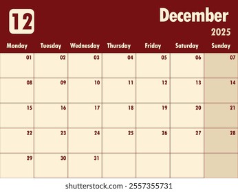 December 2025 calendar.  A simple monthly planner vector design