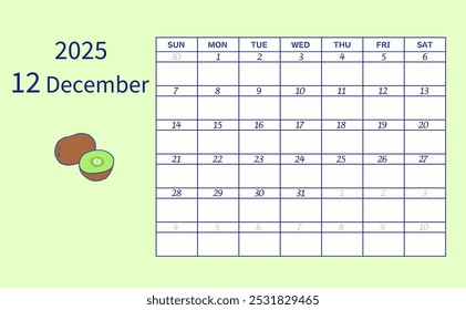 December 2025 calendar starts on Sunday