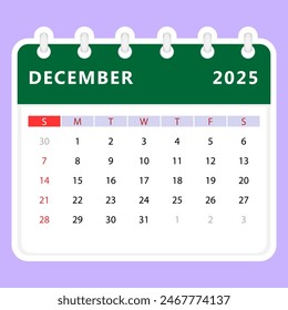 December 2025 calendar. Sunday start. Vector design