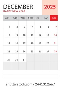 December 2025, Calendar 2025 template vector on red background, week start on monday, Desk calendar 2025 year, Wall calendar design, corporate planner template, Stationery, organizer diary, vector