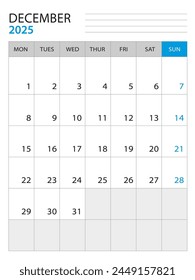 December 2025 - Calendar 2025 template vector illustration, week start on monday, Wall calendar 2025 design, Desk calendar template, corporate planner template, Stationery, organizer diary, vector