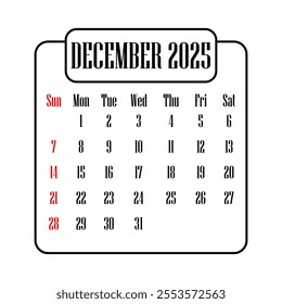 December 2025 calendar vector illustration