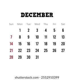 Dezembro 2025 vetor calendário, design simples